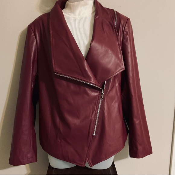 Burgundy Faux Leather Moto Cropped Jacket XL - Picture 2 of 4